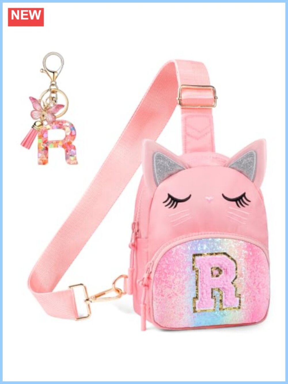 Girls Initial Crossbody Bag Cat Sequin Purse Ages 2-8 Adjustable Strap